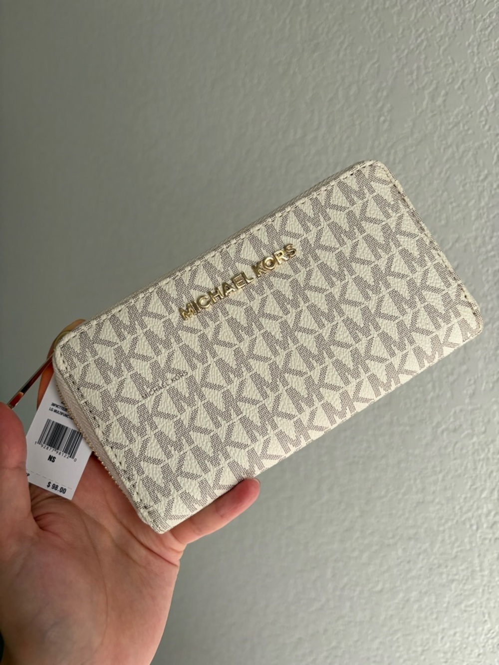Michael Kors Beige & Ivory Signature Zip Wallet with Gold Hardware